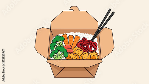 Healthy takeout meal in a brown cardboard box with chopsticks.