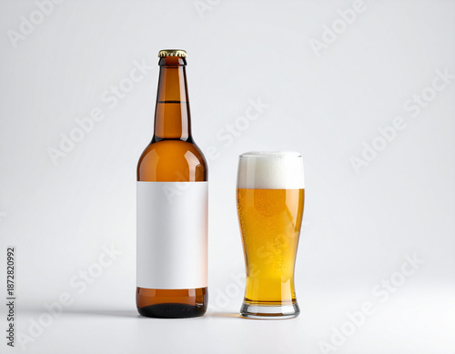 Beer bottle and glass mockup isolated on white background