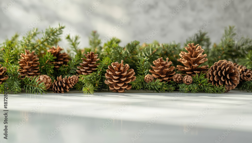 Fototapeta premium Pine cone garland on evergreen branches with soft winter light and cozy festive mood