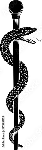 Rod of Asclepius staff medical symbol. Intertwined snake around a rod or wooden staff. Often mistakenly called a Caduceus. Doctor icon for medicine and health care. Vintage woodcut etching style.