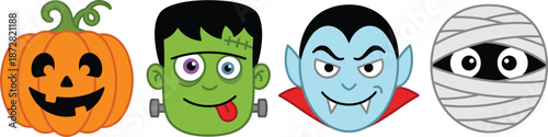 Set of Cute Cartoon Halloween Monster Faces Including Jack O Lantern Pumpkin Frankenstein Vampire and Mummy Isolated on White Background for Spooky Holiday Designs