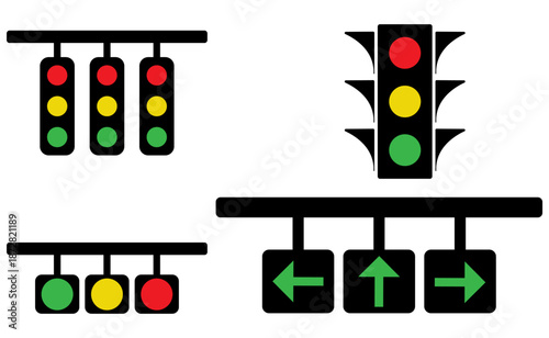 Traffic lights illustrations for any purpose. Isolated object. Green, yellow and red light stoplights. green arrow direction icon.