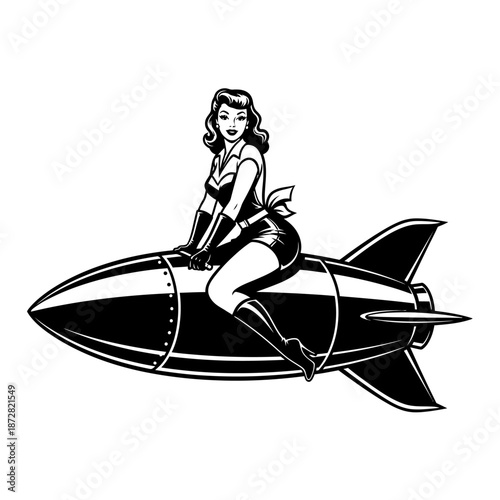 Vintage pin up girl gracefully riding a classic rocket ship in black and white