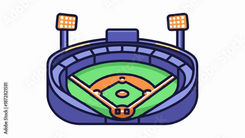 An illustration of a baseball stadium with bright lights, green grass, and orange bases