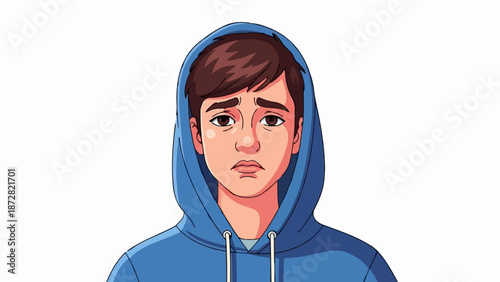 An illustration of a young man in a blue hoodie, displaying a sad or worried expression