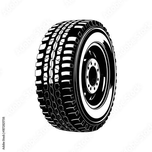 A detailed black and white illustration of a single automotive tire