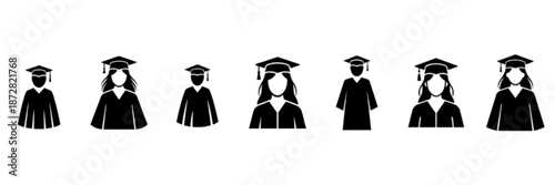 A professional vector image collection featuring minimalist black icons of male and female students wearing graduation caps and gowns to symbolize academic achievement and commencement