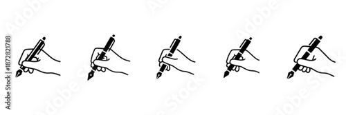 A professional vector image collection featuring a right hand in several distinct positions holding a fountain pen to symbolize writing, signing legal documents, and creative authorship