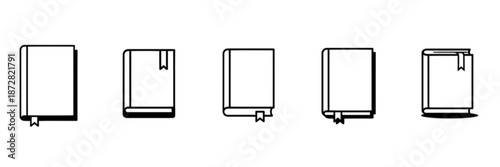 A minimalist vector image showcasing a sequence of five closed book icons featuring various bookmark placements to represent organized study, literature collections, and library archives