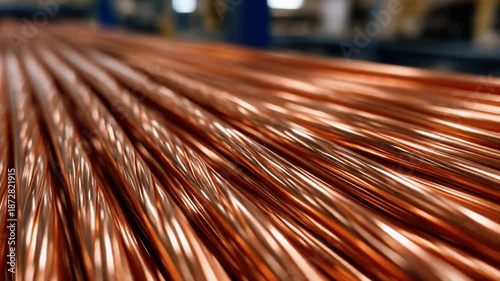 Perfectly polished copper busbar wire with a rectangular shape and reflective surface in an industrial workshop, 4K.