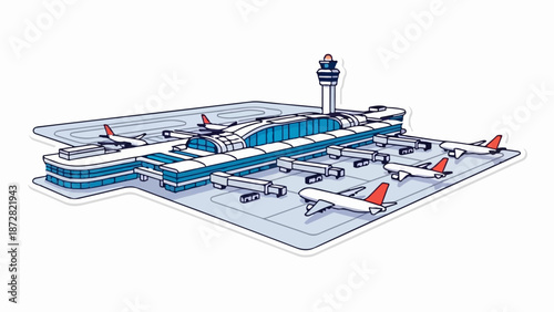 An isometric view of a modern airport with airplanes at gates and a control tower