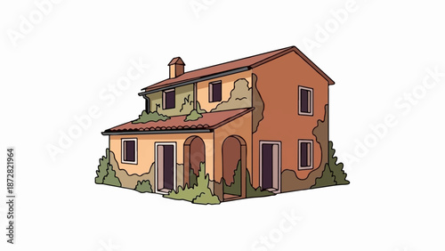 An old, weathered two-story house with peeling paint and overgrown vegetation