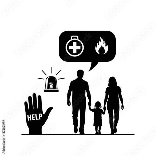 Family seeking refuge with emergency aid depicted in a stark silhouette