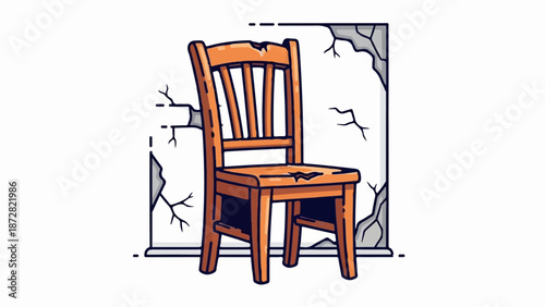 An old wooden chair sits in a room with cracked walls