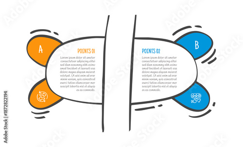 hand drawn doodle sketch comparison concept for infographic template banner with ellipse box with cut slice on center divider with two point list information