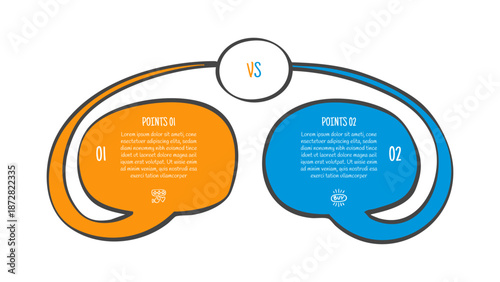 hand drawn doodle sketch comparison concept for infographic template banner with long speech bubble discussion box with centered connection with two point list information