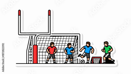 Cartoon soccer players near a goalpost with a smaller net