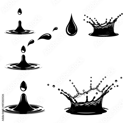 Black water droplets and splashes a sequence of impact and dispersion