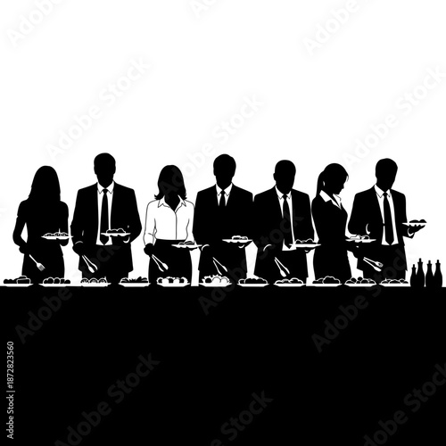 Silhouettes of people carrying trays presenting food or drinks at an event