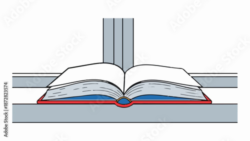 An open book rests on a gray ledge, with a red spine and blue base