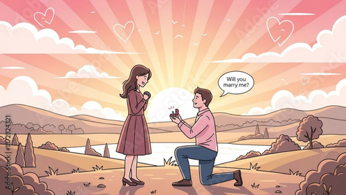Man Proposing to Woman in Desert Landscape during Sunset