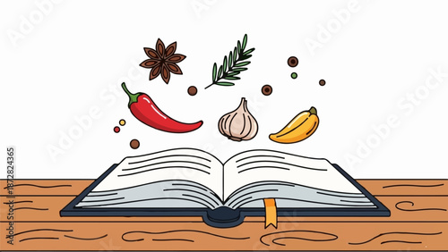 An open book with floating spices and ingredients, set on a wooden table