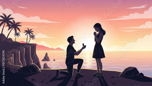 Man Proposing to Woman on Cliff at Sunset, Romantic Beach Scene