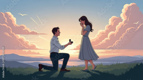 Man Proposing to Woman on One Knee at Sunset on Hilltop