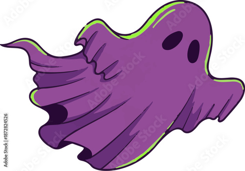 A whimsical purple ghost with a lime green outline and two dark eyes