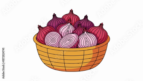 A woven basket overflows with vibrant red onions, some halved to reveal their concentric rings
