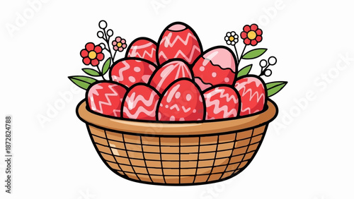 A woven basket overflows with brightly decorated Easter eggs adorned with festive patterns and surrounded by small flowers and green leaves