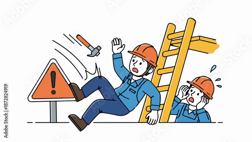 A worker tumbles down, near a ladder and a warning sign, as another worker looks on in shock
