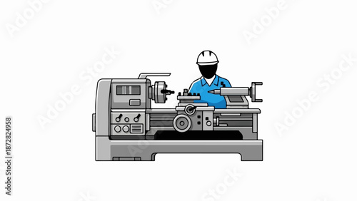 A worker in a hard hat operates a metal lathe in a factory setting