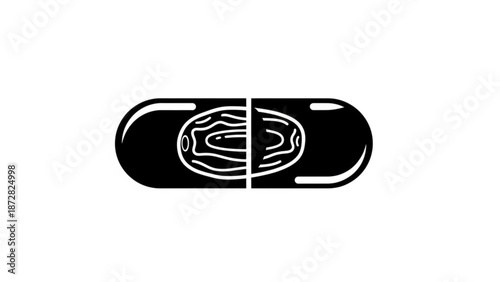 Black Pill or Tablet with White Outline on White Background, Isolated, Close-up and Medication, Pharmaceutical