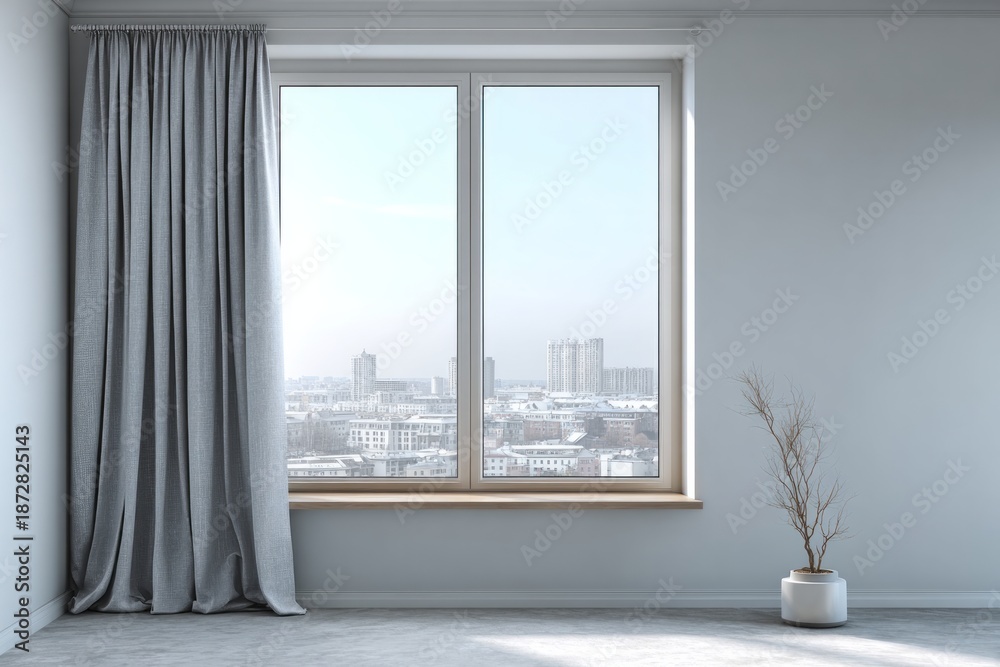 Fototapeta premium Gray curtains frame a large window overlooking a city with buildings.