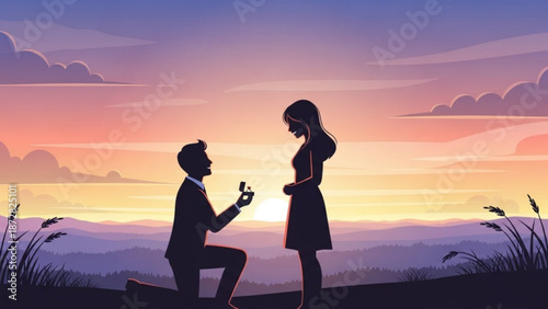 Man Proposing to Woman at Sunset on Hilltop with Engagement Ring