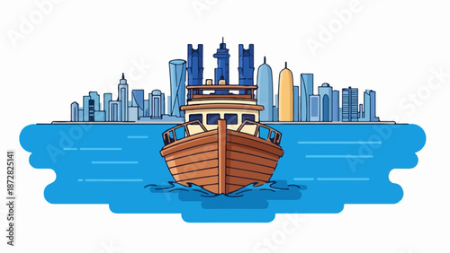A wooden boat sails on blue water before a modern cityscape