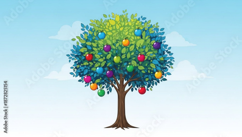Colorful fruit tree with ripe apples illustration for harvest seasons and healthy eating concepts isolated on sky background
