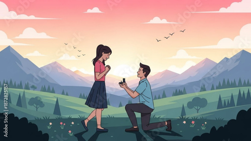 Man Proposing to Woman in Scenic Mountain Landscape during Sunset