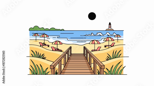 A wooden boardwalk leads to a tranquil beach scene with umbrellas, loungers, and a distant lighthouse