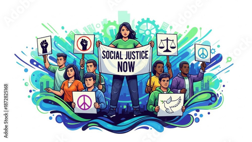Diverse group of people protesting for social justice holding signs with symbols of equality and peace illustration for activ