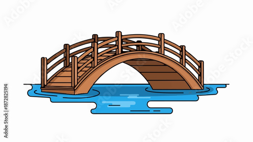 A wooden arched bridge spans over tranquil blue water, its railings and deck in warm brown tones