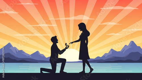 Man Proposing to Woman on One Knee at Sunset by the Sea