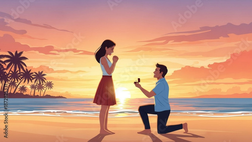 Man Proposing to Woman on Beach at Sunset