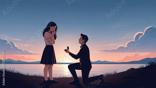 Man Proposing to Woman on One Knee at Sunset by the Lake