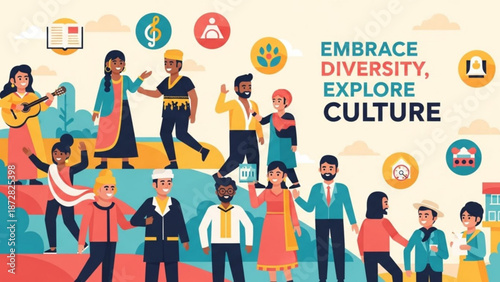 Diverse group of people celebrating culture and diversity flat illustration for global unity and understanding with icons rep
