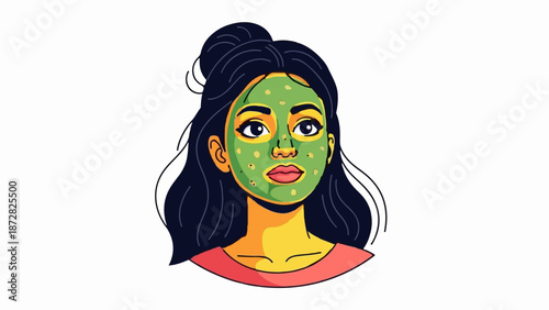 A woman applies a green face mask