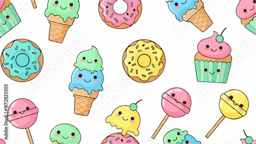 A whimsical pattern of cute, smiling cartoon treats including ice cream cones, donuts, cupcakes, and lollipops
