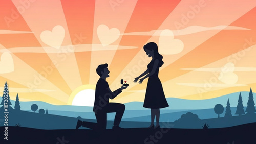 Man Proposing to Woman at Sunset with Heart-Shaped Clouds