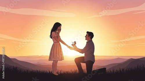 Man Proposing to Woman on One Knee at Sunset on Hilltop
